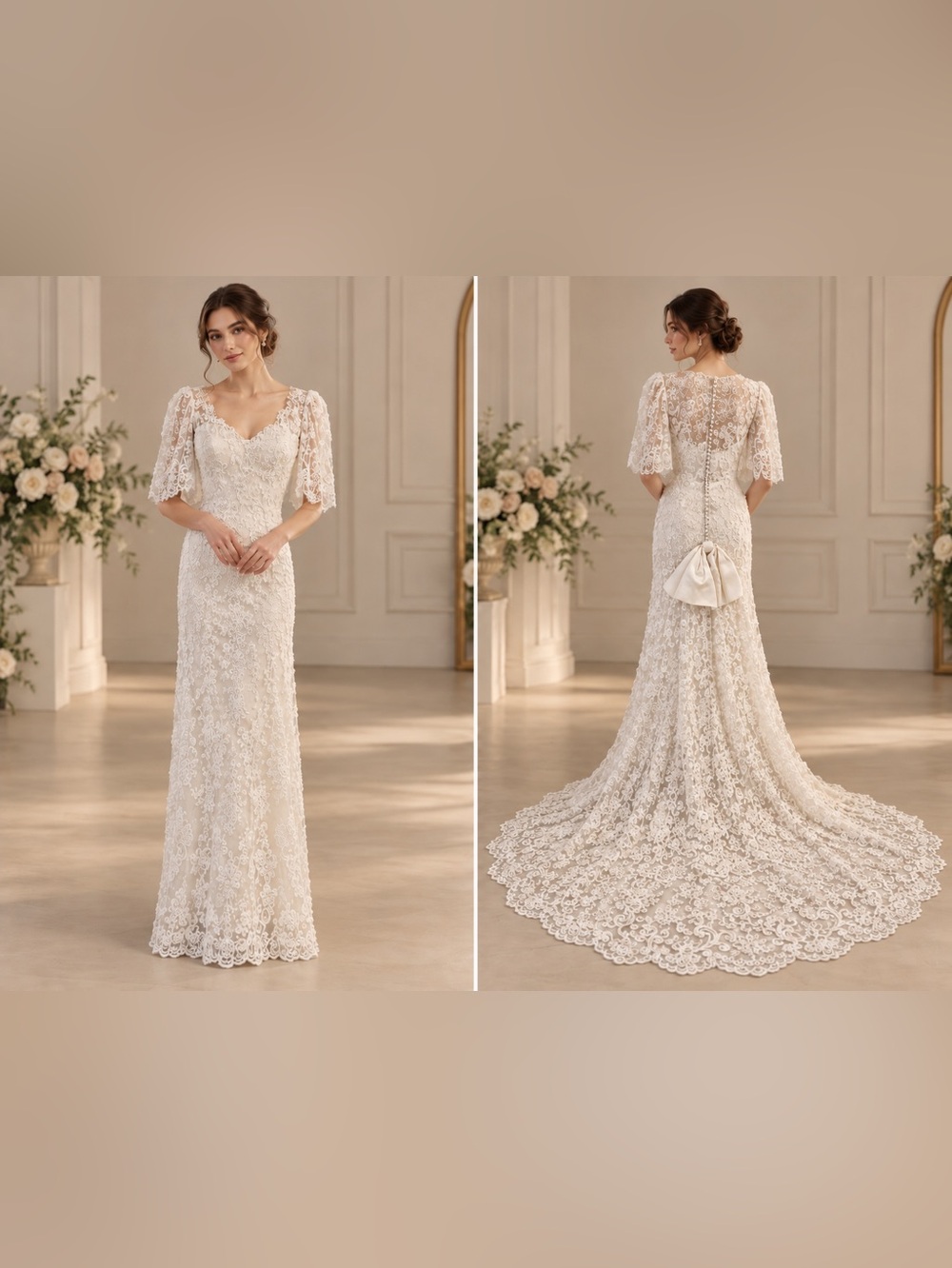 Vintage 1980(J12) Elegant Ivory Lace Wedding Gown with Puff Sleeves, Bow